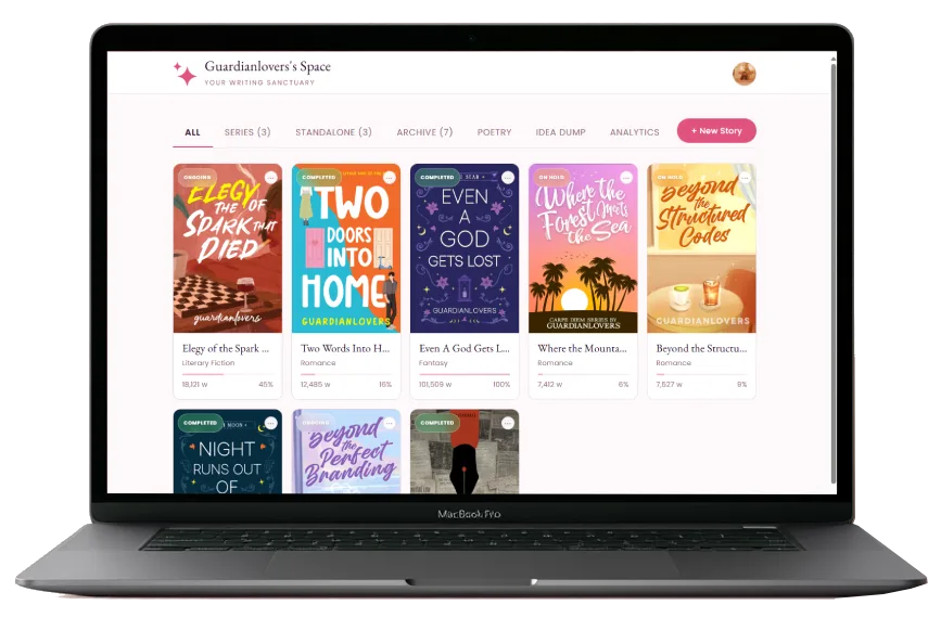 A laptop showing OurSpace's library screen full of story covers