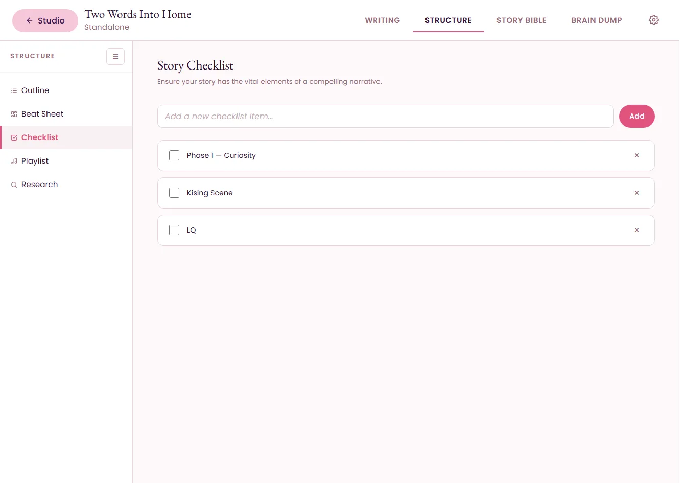 OurSpace story structure tools